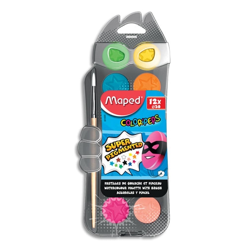 MAPED Boîte de 12 pastilles 30 mm de gouache ultralavable COLOR'PEPS Pinceau inclus