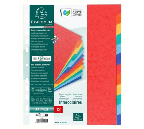 EXACOMPTA Jeu d'intercalaires 12 positions format 24x30cm pour pochettes perforées. Carte lustrée 3/10e
