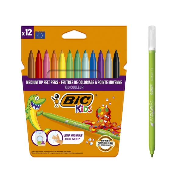 BIC Kids Kid Couleur Feutres de coloriage Pointe moyenne - Couleurs assorties | Etui de 12